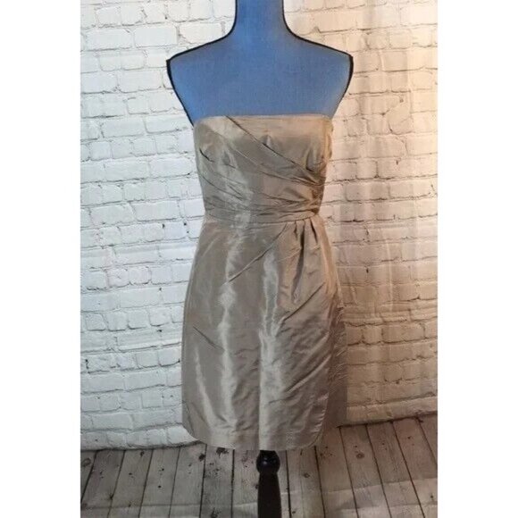 J Crew 100% Silk Short Dress Taupe Tan Strapless Ruched Bodice Size 2 - Picture 1 of 6
